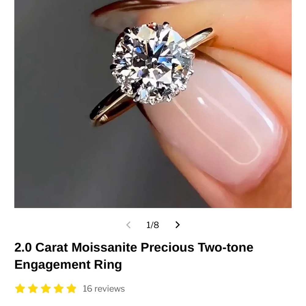2.0 Carat Moissanite Precious Two-tone ring, size 4.5. Gold plated.